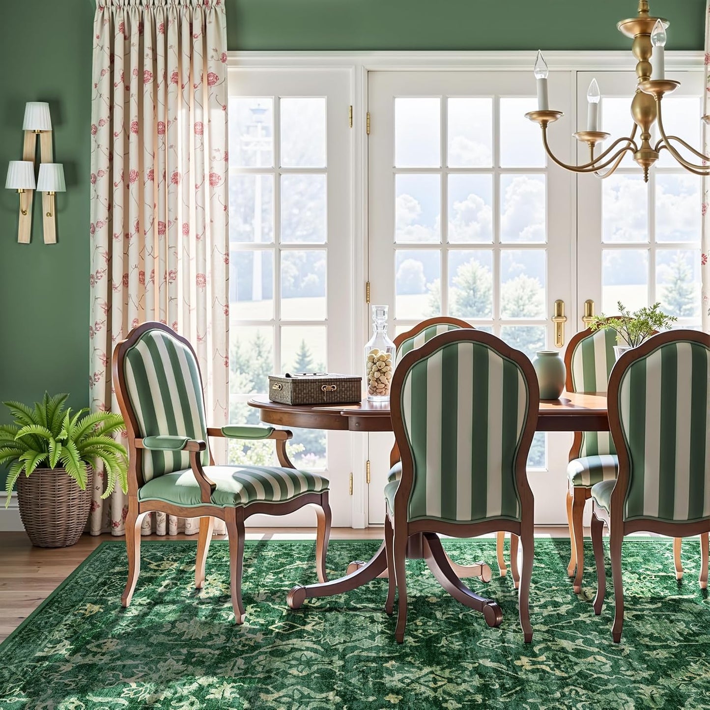 Deep Green Area Rugs 6x8 Rugs for Living Room, Washable Vintage Rugs for Bedroom, Distressed Throw Rug, Non Slip Rug Floral Carpet Green Area Rug for Bedroom Dining