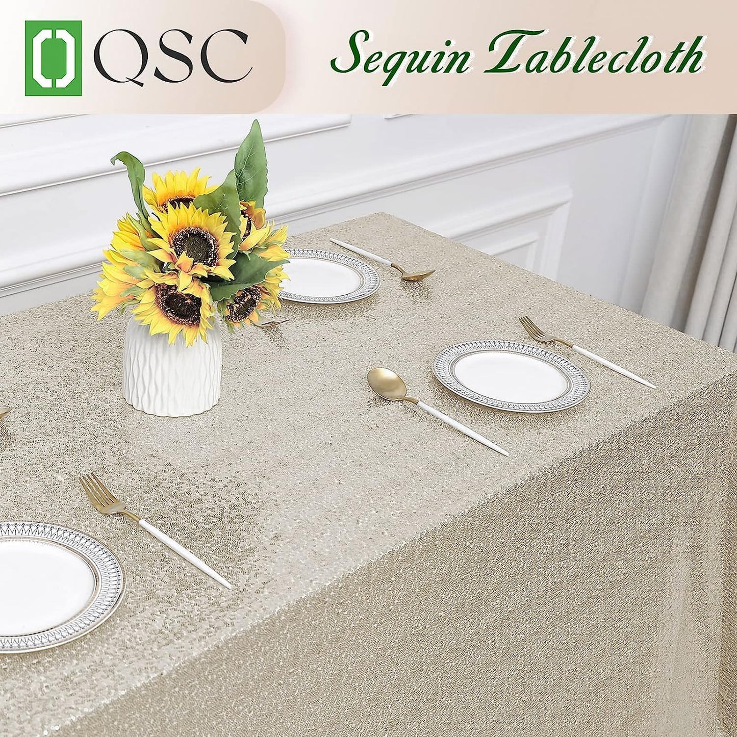 OQSQ Champagne Sequin Tablecloth 50x80 inch, Glitter Drape Table Cloth, Sparkle Sequence Table Overlays for Thanksgiving Day Wedding Birthday Party Baby Bridal Shower