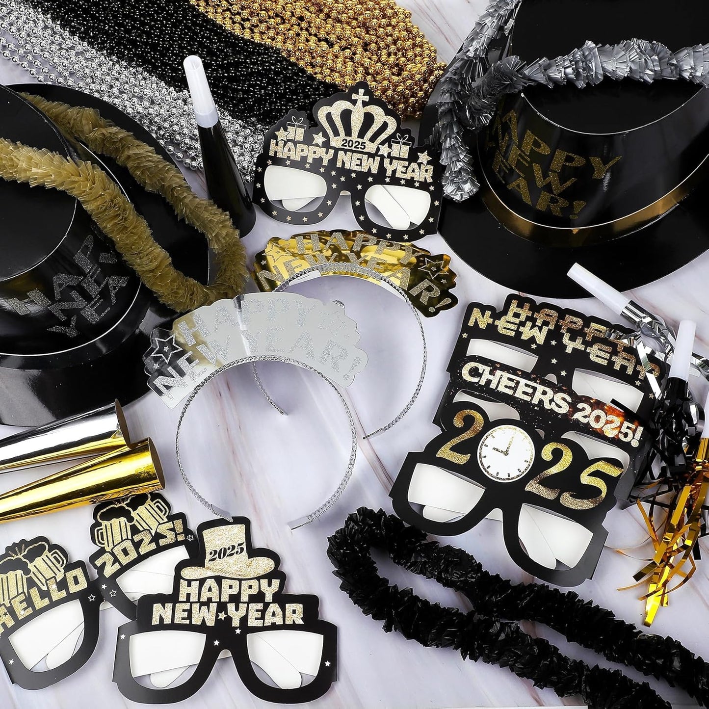 Fovths 264 Pieces 2025 New Years Eve Party Supplies Includes Glasses Top Hats Headband Noisemakers Horns Bead Necklaces Plastic Leis New Year Party Favors for Celebration Decoration Gift