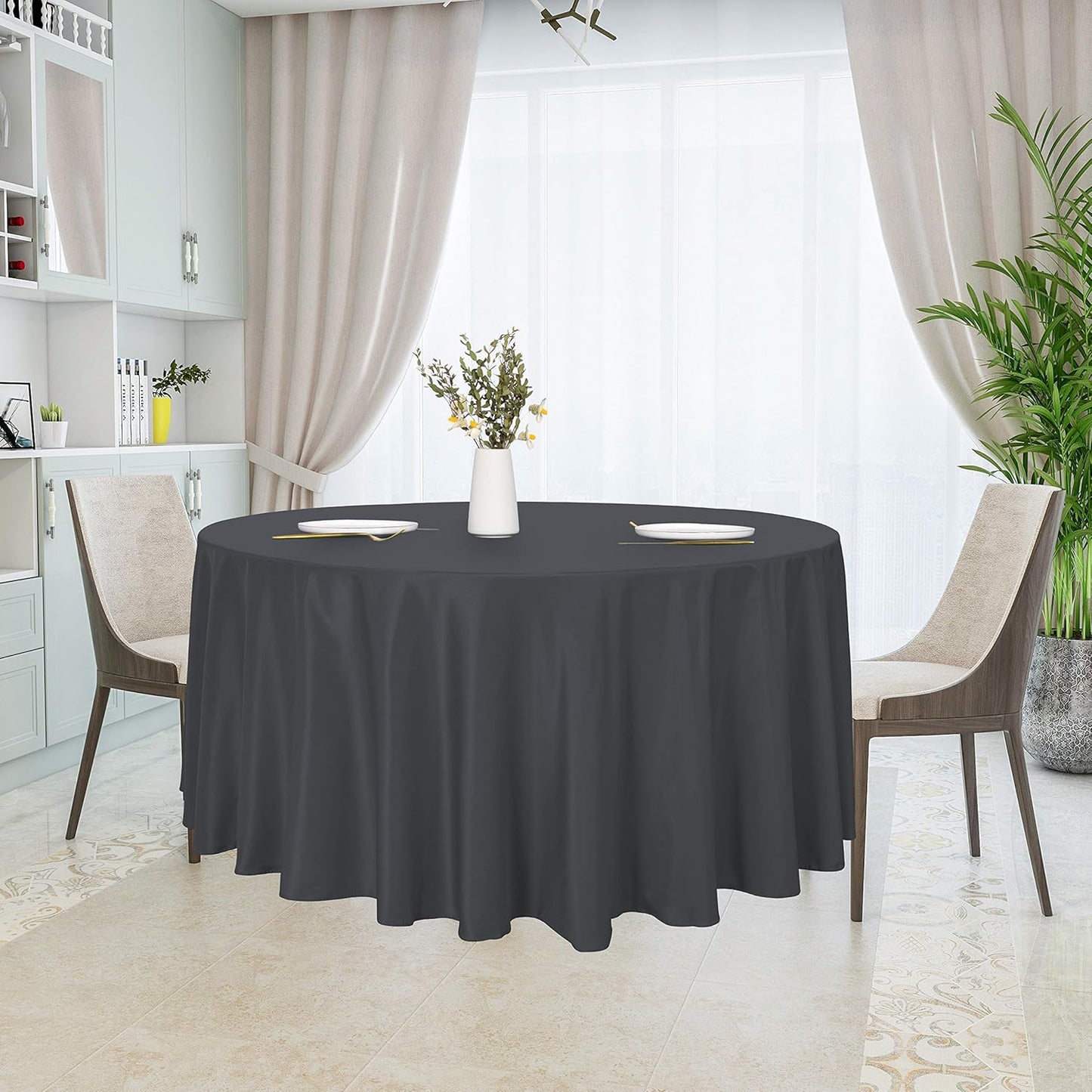 sancua Round Tablecloth - 120 Inch - Water Resistant Spill Proof Washable Polyester Table Cloth Decorative Fabric Table Cover for Dining Tables, Buffet Parties and Camping, Grey