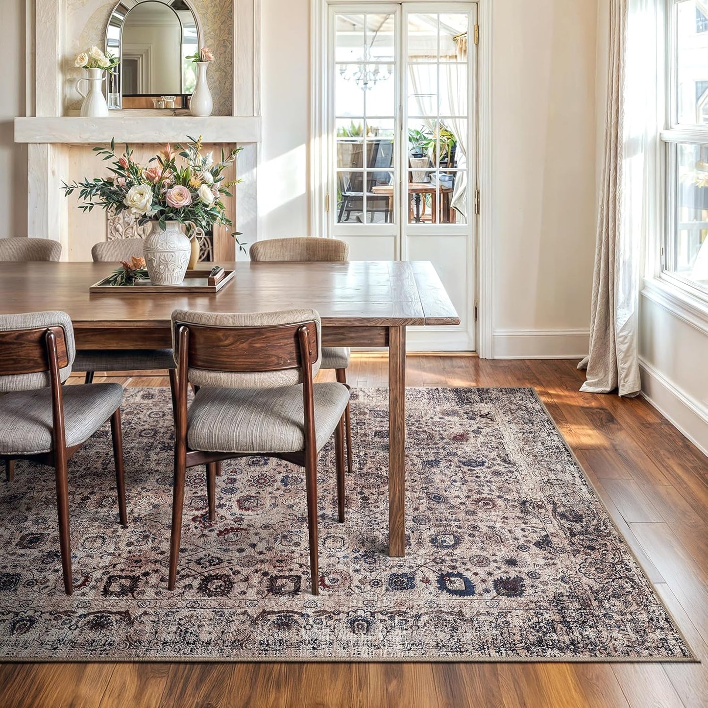 Bloom Rugs Washable Non-Slip 8' x 10' Rug - Light Tan/Blue Traditional Oriental Area Rug for Living Room, Bedroom, Dining Room, and Kitchen - Exact Size: 8' x 10'