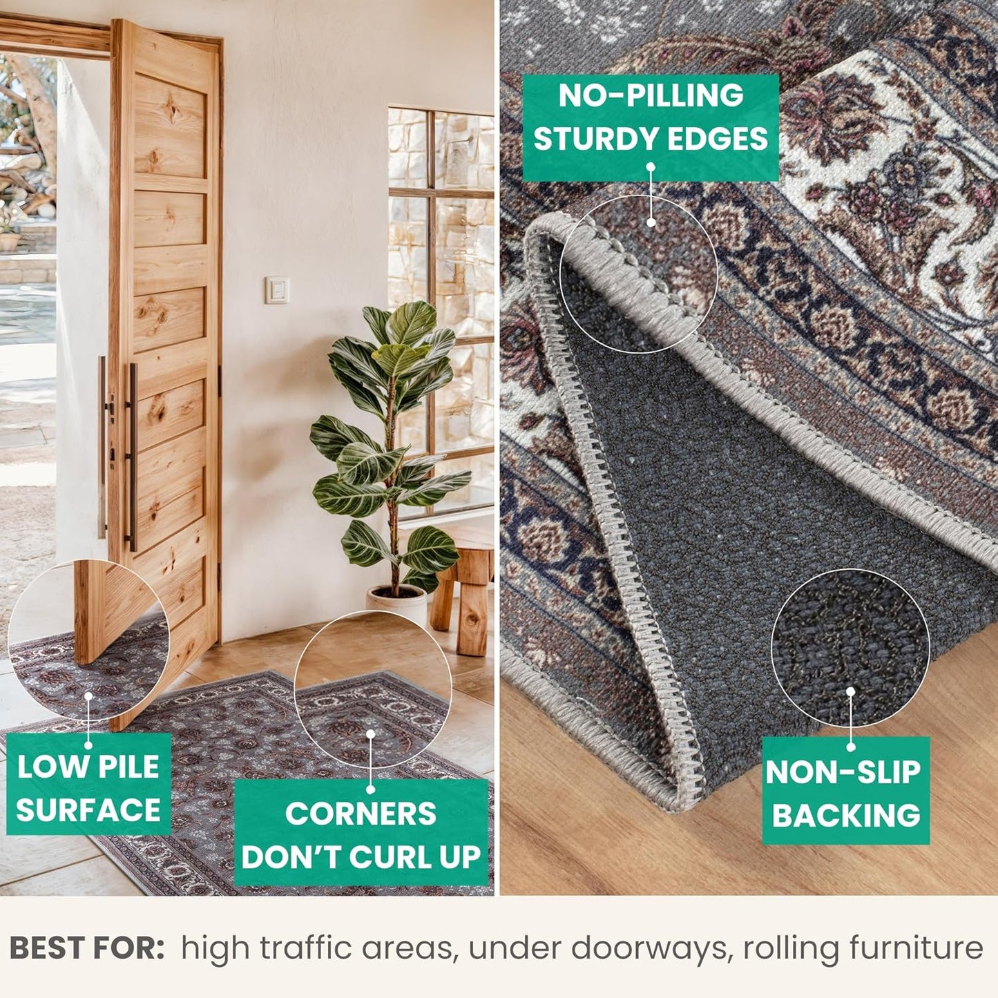 Bloom Rugs Washable Non-Slip 6' x 9' Rug - Slate Gray Traditional Oriental Area Rug for Living Room, Bedroom, Dining Room, and Kitchen - Exact Size: 6' x 9'