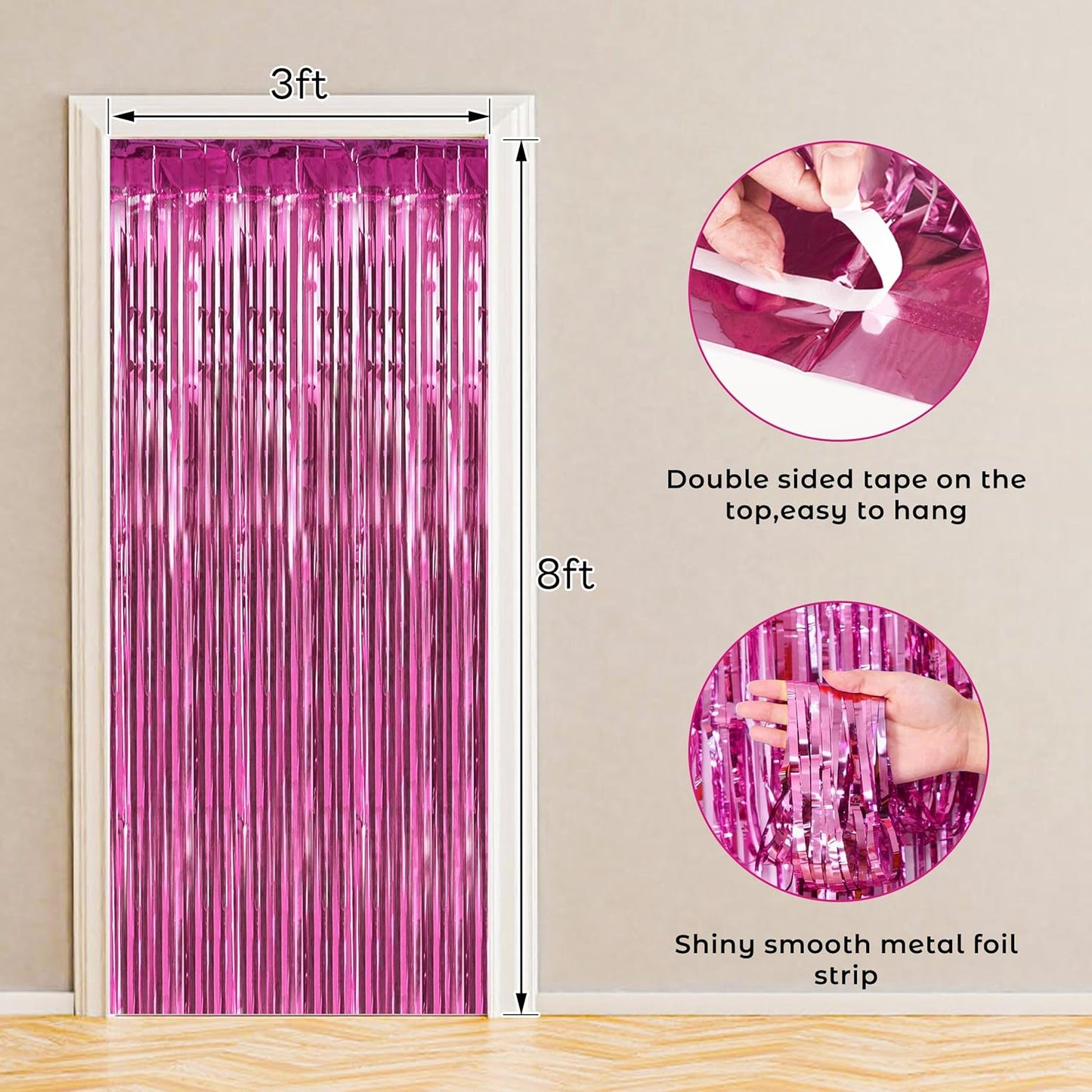 BTSD-home 10 Pack Pink Foil Fringe Curtain, Metallic Photo Booth Backdrop Tinsel Door Curtains for Wedding Birthday Bridal Shower Baby Shower Bachelorette Christmas Party Decorations(8ft x 3ft)