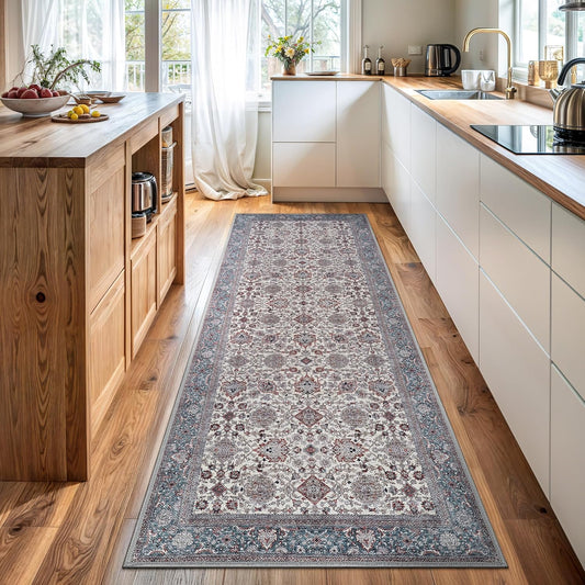 Bloom Rugs Washable Non-Slip 7 ft Runner - Teal/Blue/Beige Traditional Oriental Runner for Entryway, Hallway, Bathroom, and Kitchen - Exact Size: 2.5' x 7'