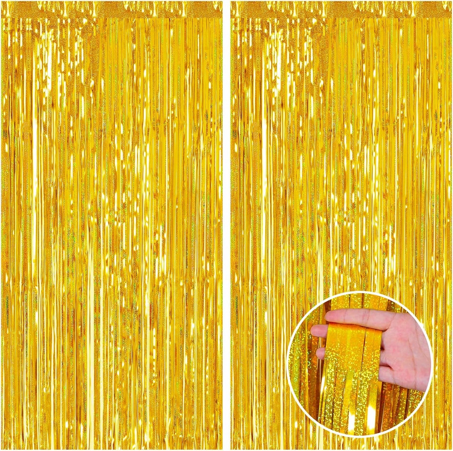 CANREVEL 2 Pack 3.3x8.2 Feet Laser Gold Foil Fringe Backdrop Curtains, Tinsel Streamers Birthday Party Decorations, Fringe Backdrop for Graduation, Baby Shower, Happy New Year, Disco Party