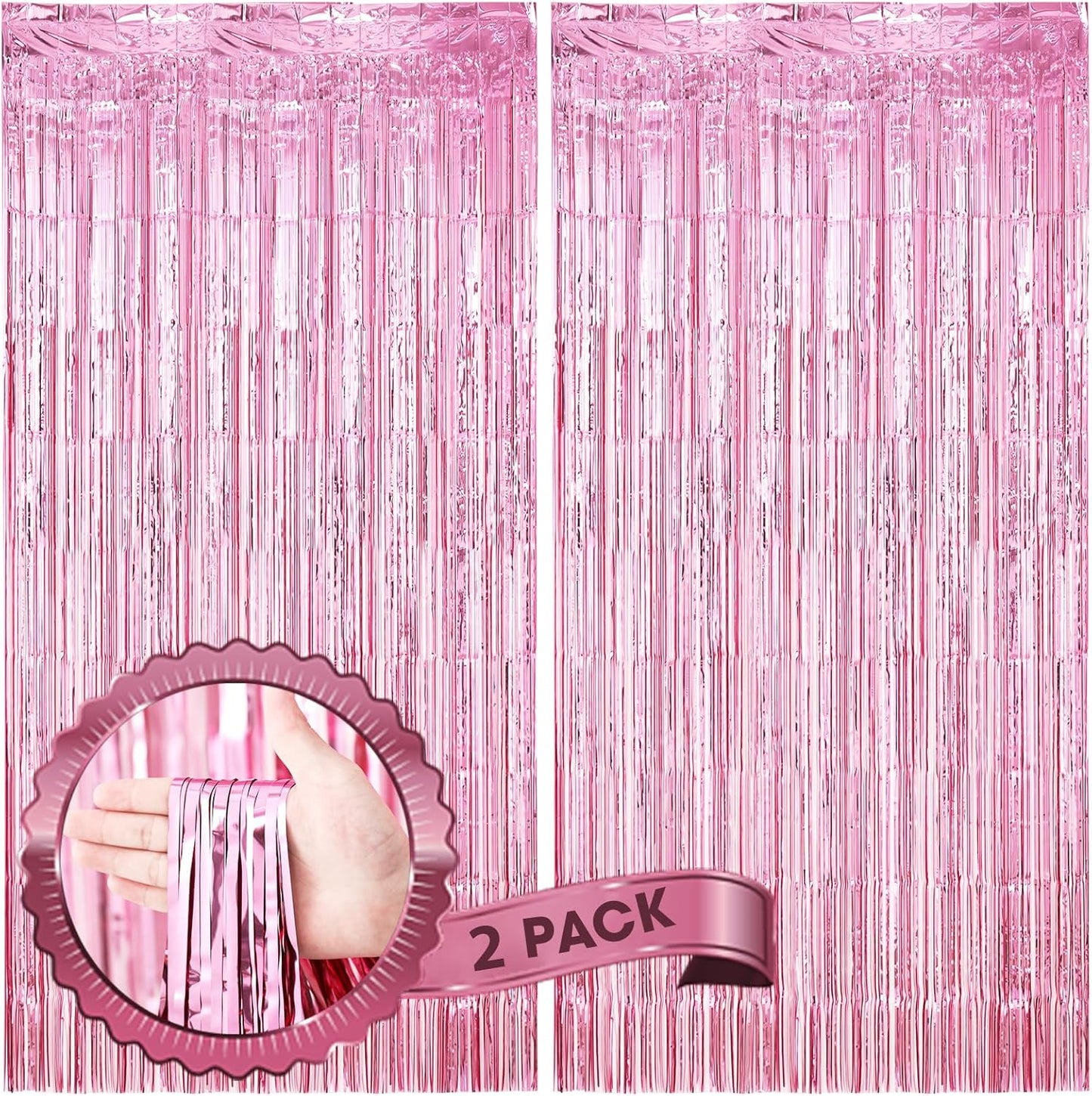 2 Pack Light Pink Foil Fringe Backdrop Curtains, Tinsel Streamers Birthday Party Decorations, Fringe Backdrop for Graduation, Baby Shower, Gender Reveal, Disco Party