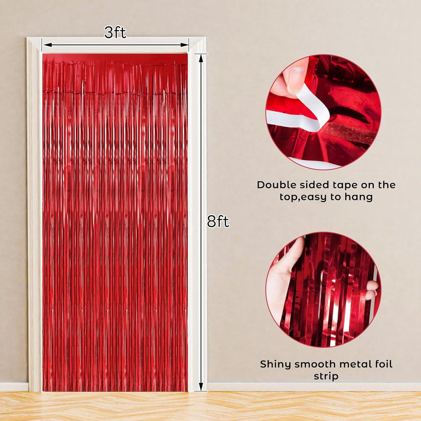 BTSD-home Red Foil Fringe Curtain, Metallic Photo Booth Backdrop Tinsel Door Curtains for Wedding Birthday Bridal Shower Baby Shower Bachelorette Christmas Party Decorations(4 Pack, 8ft x 3ft)