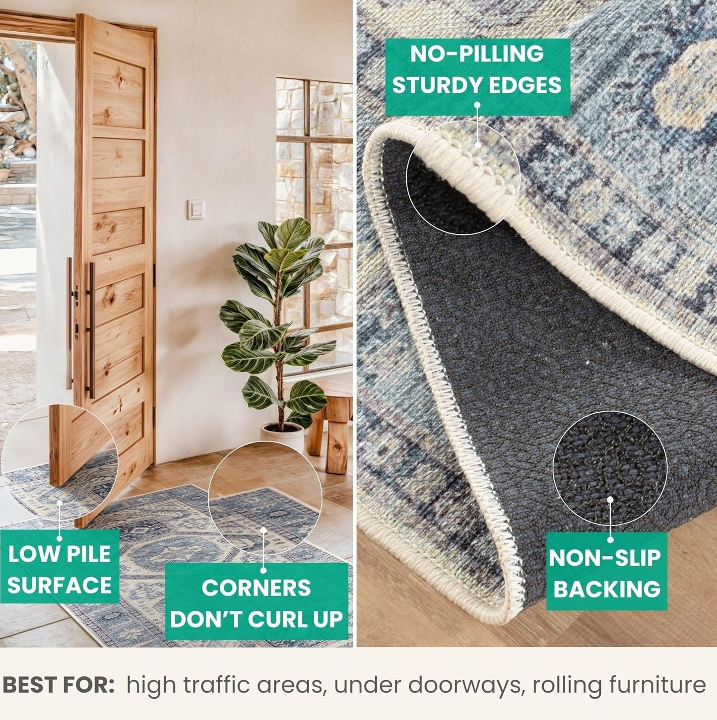 Bloom Rugs Washable Non-Slip 6' x 9' Rug - Blue/Beige Traditional Oriental Area Rug for Living Room, Bedroom, Dining Room, and Kitchen - Exact Size: 6' x 9'