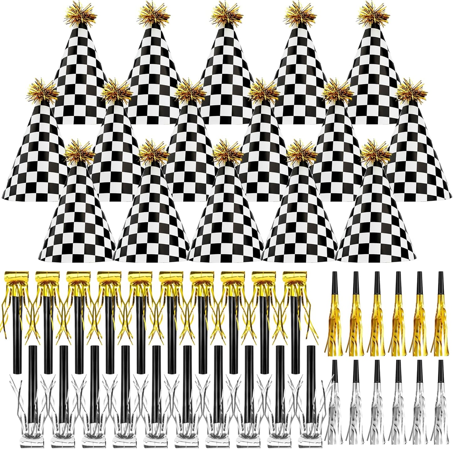 48 Race Car Birthday Party Hats Race Car Party Supplies Include Black White Checkered Cone Hats Gold Noise Makers