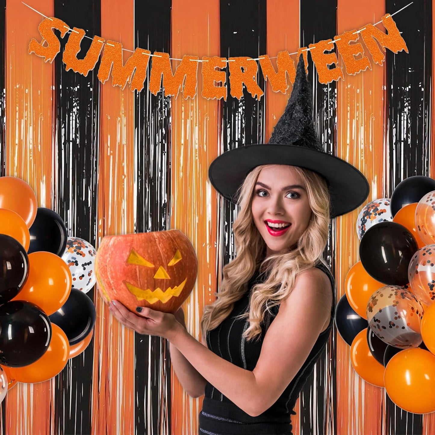 Melsan 2 Pack 3.2 ft x 8.2 ft Tinsel Foil Fringe Curtains Backdrop, Metallic Foil Curtains for Halloween Party Photo Booth Props Decorations (Black+Orange)