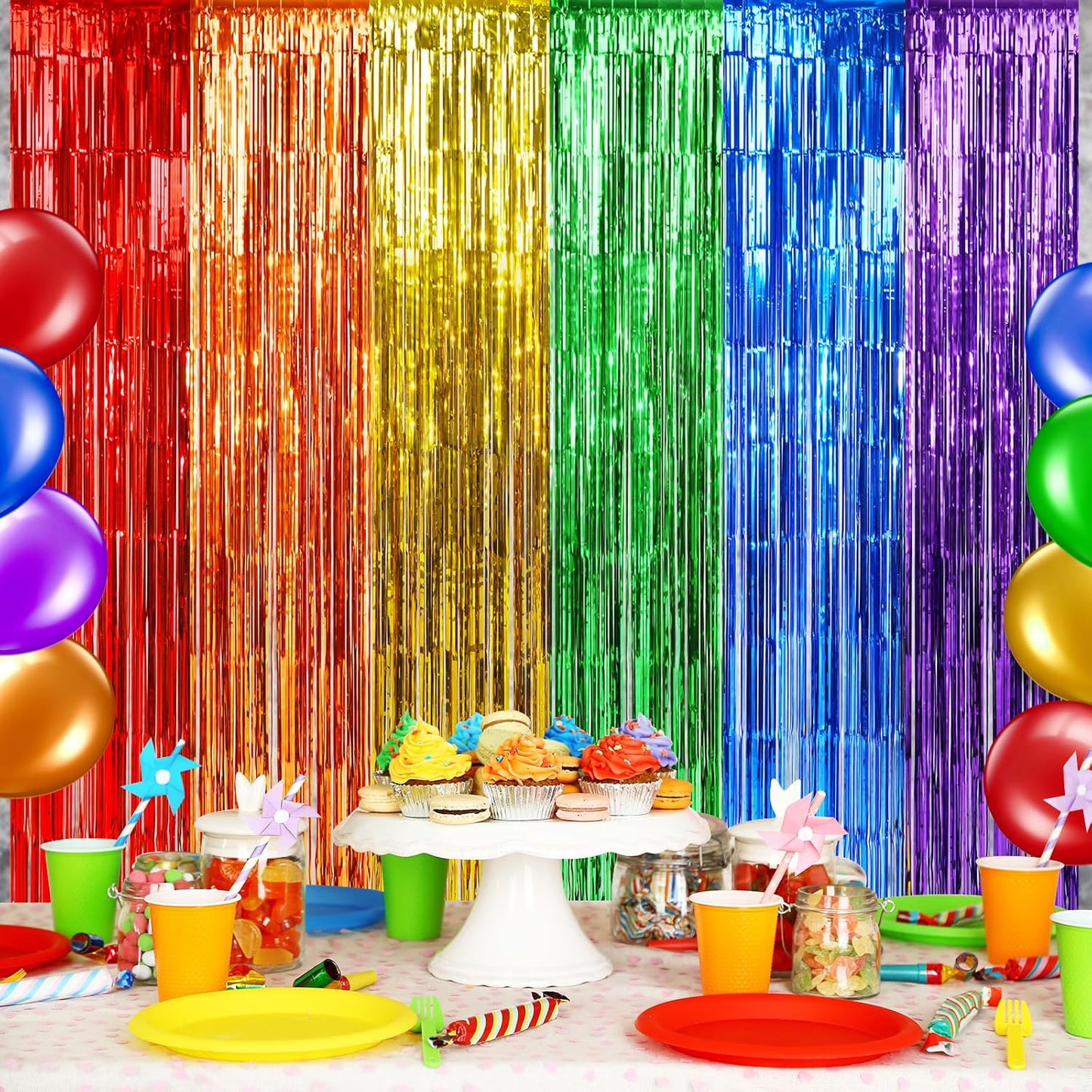 2Pack 3.3X6.6Ft Rainbow Foil Fringe Curtains Backdrop Decorations, Rainbow Metallic Tinsel Foil Streamers Curtain Photo Booth Background for Birthday Wedding Engagement Pride Party Decorations