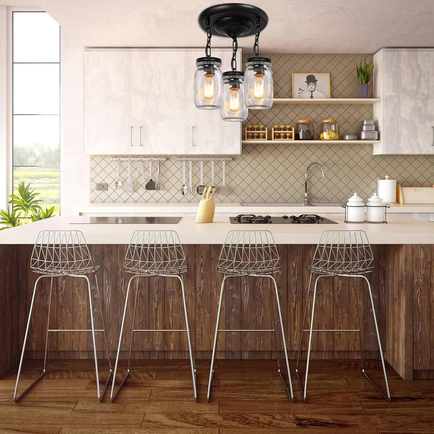 Glass Mason Jar Light Fixtures, 3-Lights Pendant Ceiling Lights Flush Mount - Black Country Farmhouse Lights for Kitchen Dining Room Foyer Stairway Hallway Entryway Porch