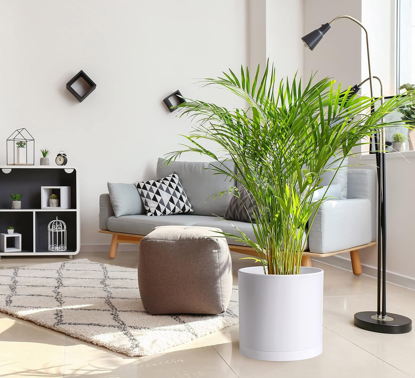 D'vine Dev 2 Pack 14 Inch Modern Plastic Plant Pots, Cylindrical Garden Planters for Plants with Drainage Holes and Saucers, White, 74-Z-Q-1