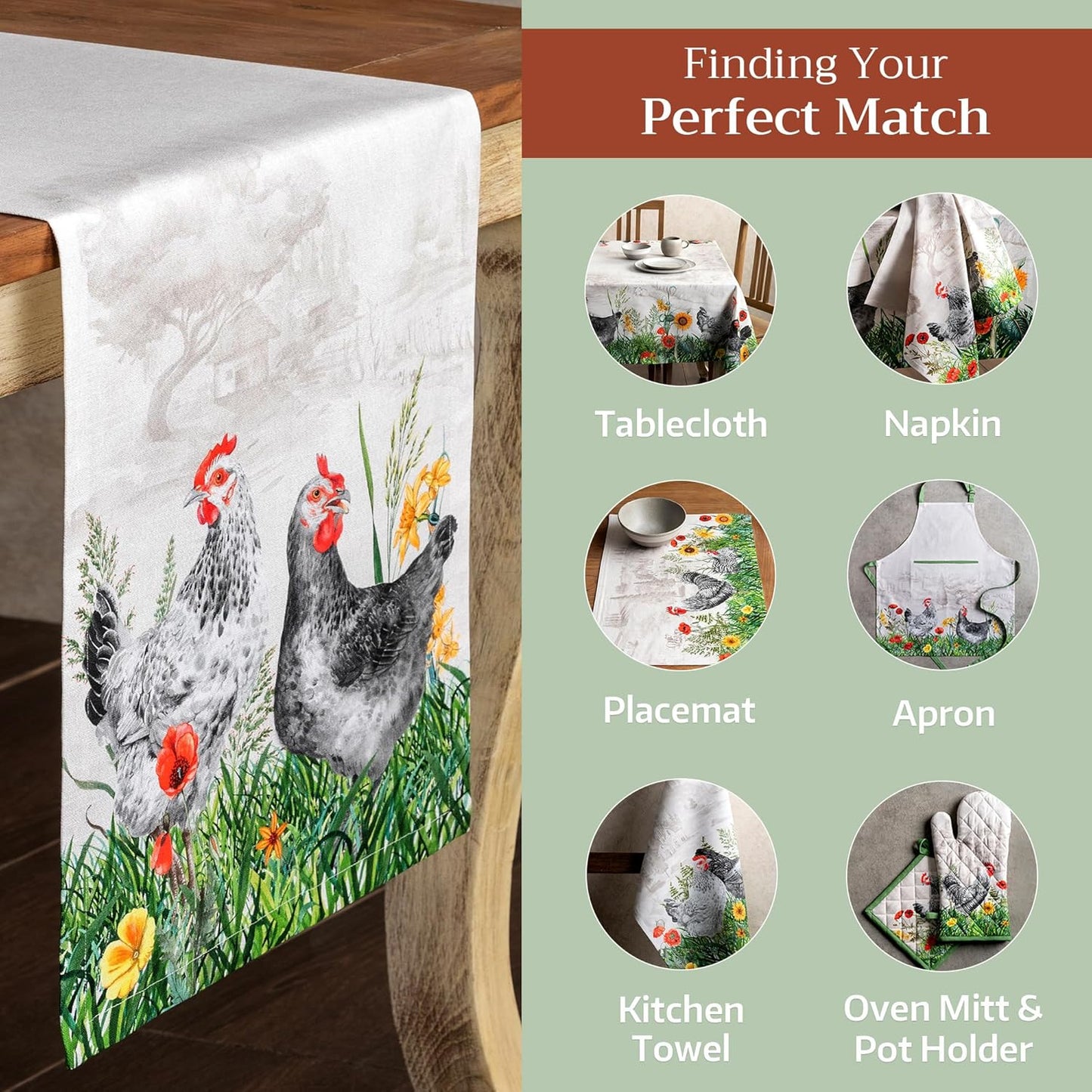 Maison d' Hermine Table Runner 100% Cotton Single Layer Table Runners 108 inches Long Decorative for Home Kitchen Dining Party Wedding Bridal Shower Spring Summer (Basse Cour, 14.50" x 108")