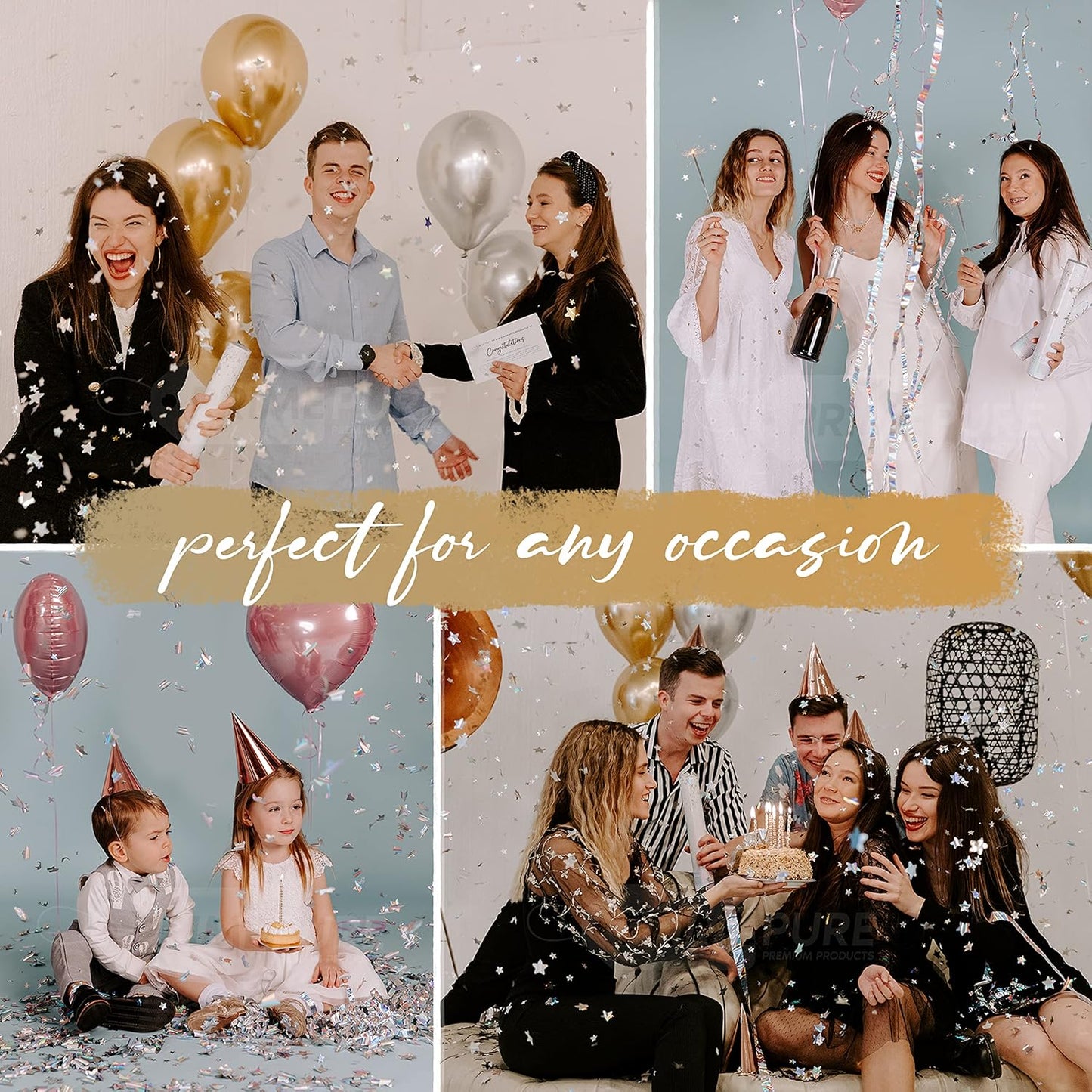 PrimePure Confetti Cannon Party Poppers - Holographic Silver Stars Confetti Popper & Streamer - 6 Pack - Easy-to-Use Party Cannon - Silver Glitter Star Pop Gun for Graduation, Wedding, Birthday, Prank