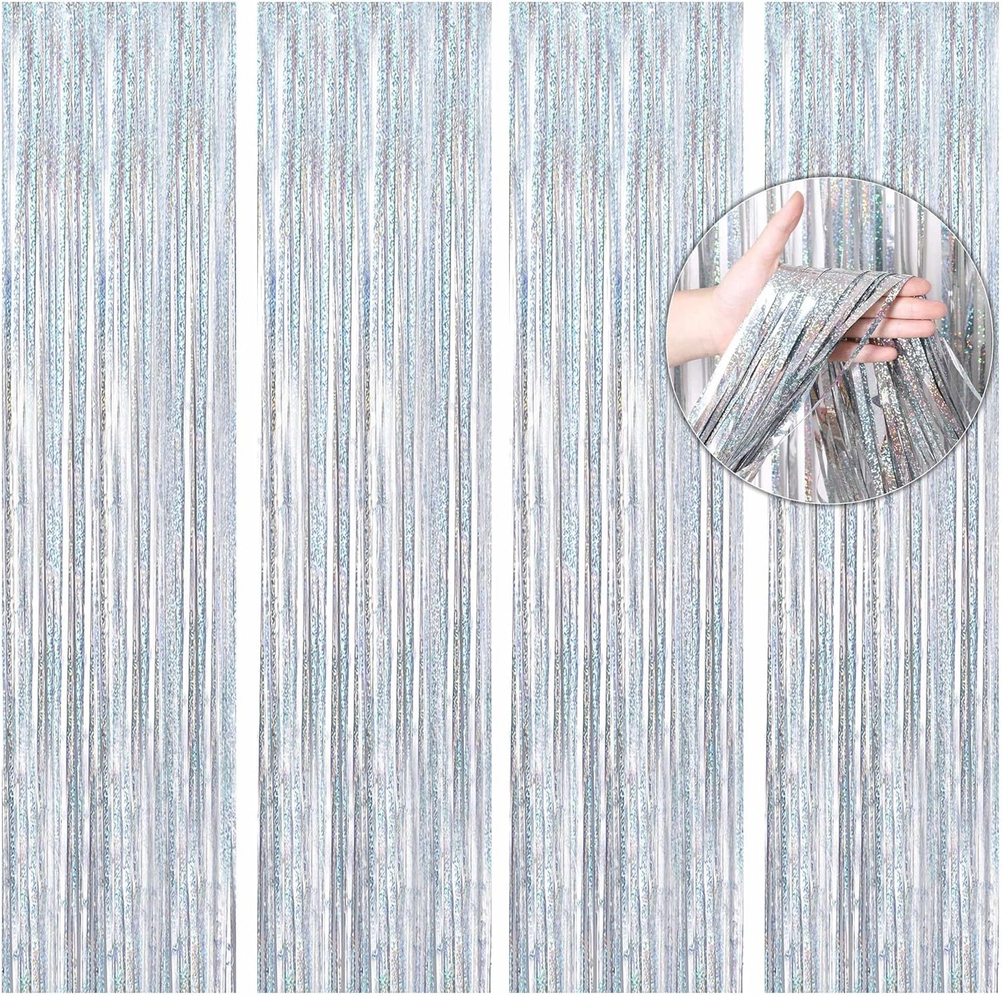 BTSD-home 4 Pack Laser Silver Foil Fringe Curtain Holographic, Metallic Photo Booth Tinsel Backdrop Door Curtains for Wedding Birthday Baby Shower Bachelorette Party Decorations(3ft x 8ft)