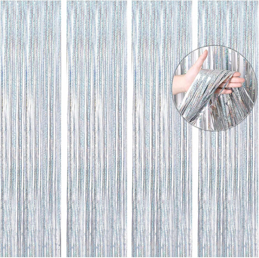 BTSD-home 4 Pack Laser Silver Foil Fringe Curtain Holographic, Metallic Photo Booth Tinsel Backdrop Door Curtains for Wedding Birthday Baby Shower Bachelorette Party Decorations(3ft x 8ft)