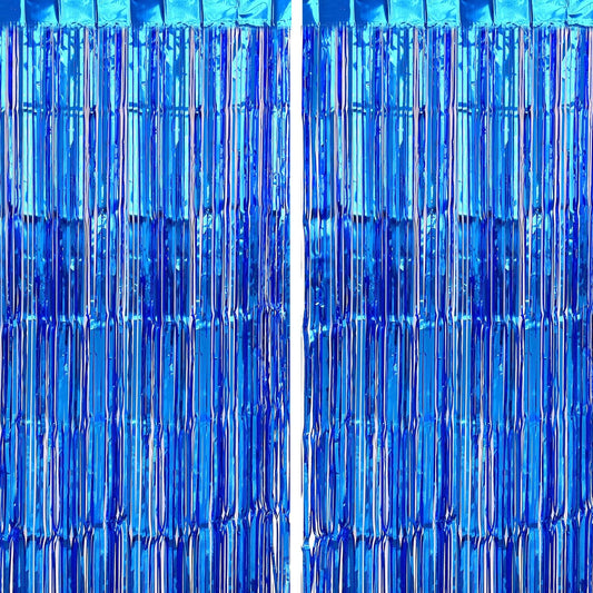 CHRORINE 2pcs 1m x 2.5m Blue Metallic Tinsel Foil Fringe Curtains, Party Streamers Backdrop for Kids Boy Birthday Baby Shower Bachelorette Bridal Shower Blue Party Decorations