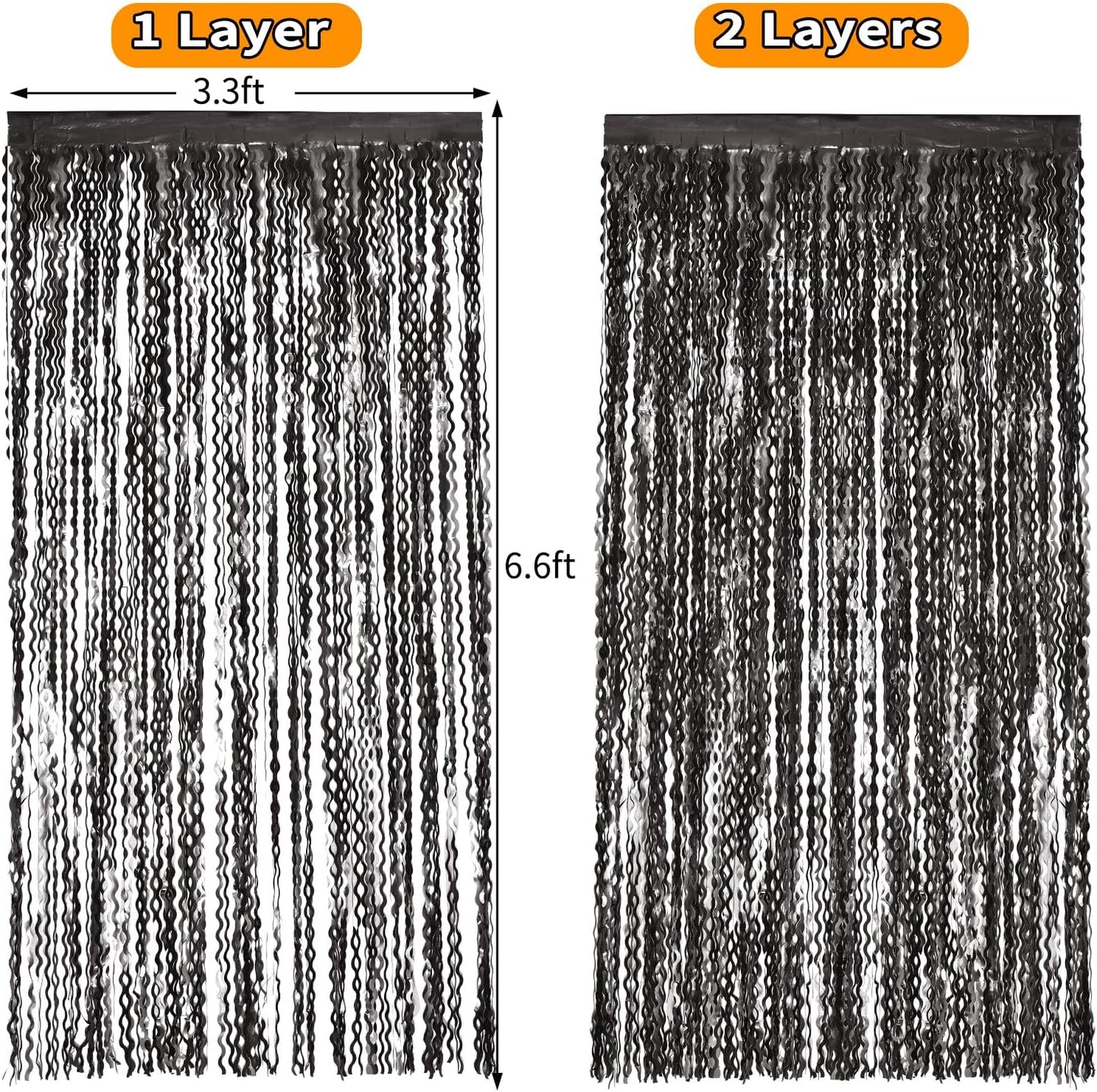 Black Foil Fringe Curtains Party Decorations - 4 Pack 3.3 ft x 6.6 ft Foil Party Curtain Streamer Backdrop for Halloween | Graduation | Fiesta Birthday Decor