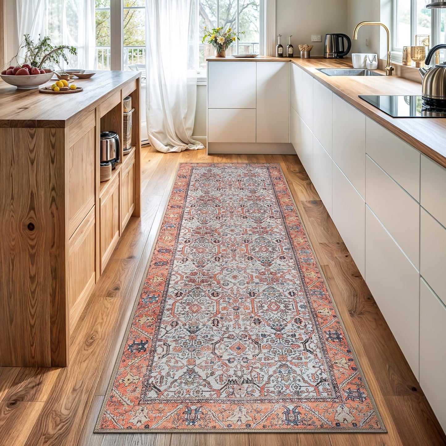 Bloom Rugs Washable Non-Slip 12 ft Runner - Orange Traditional Bordered Runner for Entryway, Hallway, Bathroom, and Kitchen - Exact Size: 2.5' x 12'