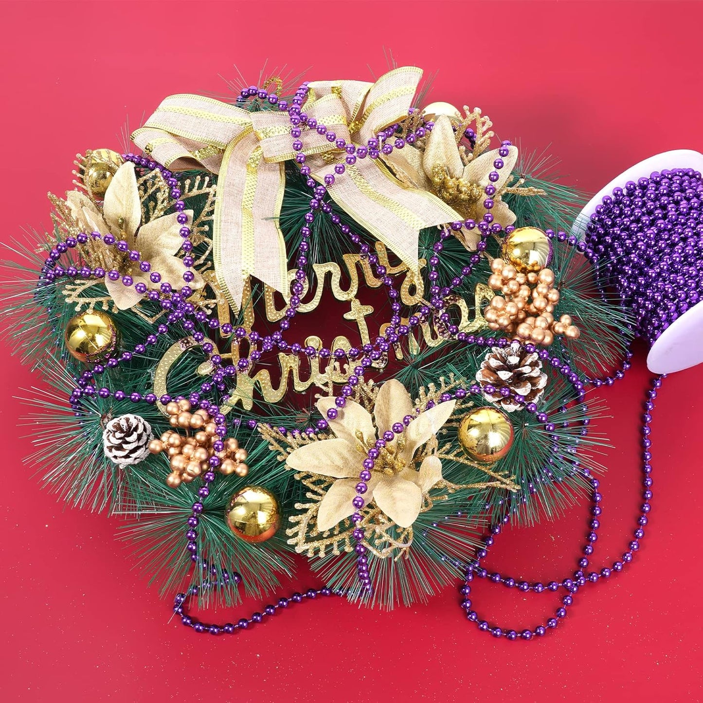 Faux Purple Pearl Beads Garland - 6mm Christmas Tree Beads 22 Yards Spool Pearl String Roll for Wedding Party Christmas Tree Decoration