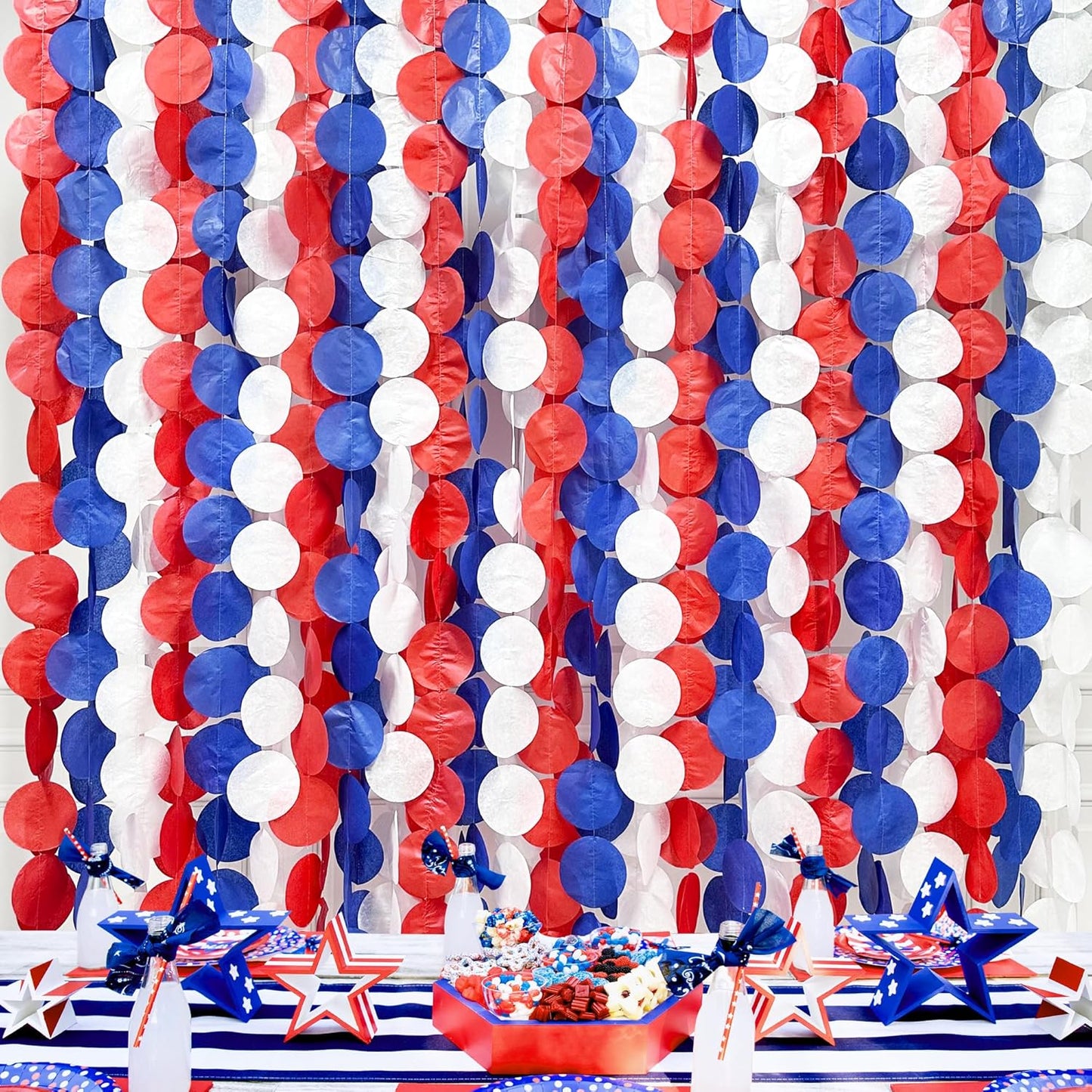 192Ft Royal Blue Red White Party Decorations Big Circle Dots Tissue Paper Backdrop Streamer Garland for 4th of July American USA National Day Patriotic Veterans Graduation Wedding Birthday Party