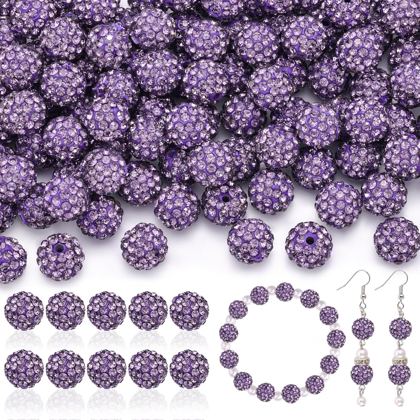 105pcs 10mm Rhinestone Beads for Jewelry Making, Purple Shiny Round Disco Ball Beads Bulk, Sparkle Crystal Clay Christmas for Bracelet Baseball Necklace Earring Crafting and DIY