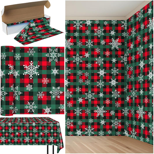 4.5x 100 Ft Roll of Christmas Buffalo Plaid Plastic Tablecloth Decorations,Disposable Red Green Snowflake Table Cover Photography Backdrop with Cutter Box for Christmas Holiday New Year Party Supplies