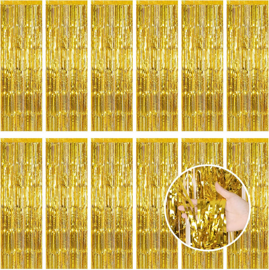 Gold Fringe Curtain Party Streamers, 12 Pack 3.3ft x 8.2ft Foil Curtain Backdrop Tinsel Foil Fringe Curtains Photo Booth Backdrop Streamer for Birthday, Wedding, Baby Shower, Disco Party