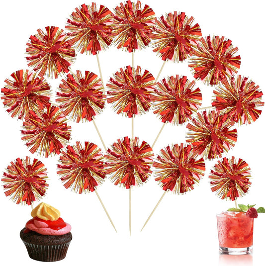 Ephlyn 30Pcs Foil Firework Cupcake Toppers Sparkle Tinsel Drink Birthday Cake Decorations Cocktail Food Fruit Toothpick for New Years Wedding Birthday Party Decorations Gold Red