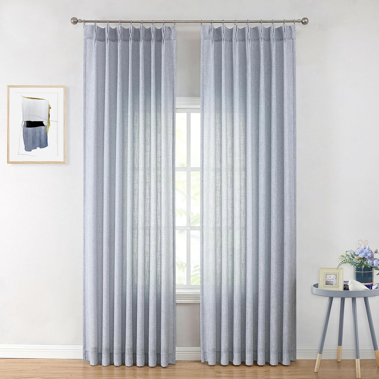 Vision Home Blue Pinch Pleated Semi Sheer Curtains Textured Light Filtering Window Curtains 108 inch for Living Room Bedroom Rayon Blend Chambray Blue Pinch Pleat Drapes with Hooks 2 Panels 40"Wx108"L