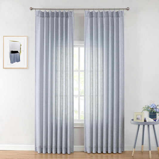 Vision Home Blue Pinch Pleated Semi Sheer Curtains Textured Light Filtering Window Curtains 108 inch for Living Room Bedroom Rayon Blend Chambray Blue Pinch Pleat Drapes with Hooks 2 Panels 40"Wx108"L