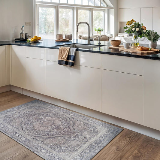 Bloom Rugs Washable Non-Slip 3' x 5' Rug - Blue/Steel Gray/Beige Traditional Medallion Area Rug for Living Room, Bedroom, Dining Room, and Kitchen - Exact Size: 3' x 5'