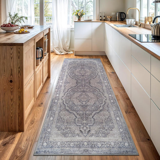 Bloom Rugs Washable Non-Slip 7 ft Runner - Blue/Steel Gray/Beige Traditional Medallion Runner for Entryway, Hallway, Bathroom, and Kitchen - Exact Size: 2.5' x 7'