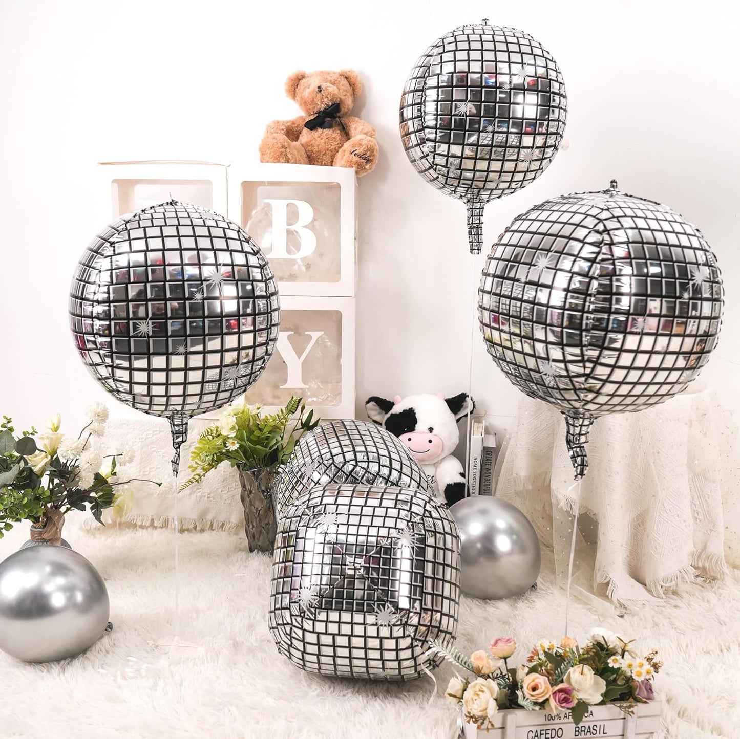 6Pcs Giant 4D Disco Ball Balloons, Sparkle Silver Disco Party Decorations, 22 Inch Round Foil Balloons for NYE 2025 Birthday Party Baby Shower Wedding Decorations