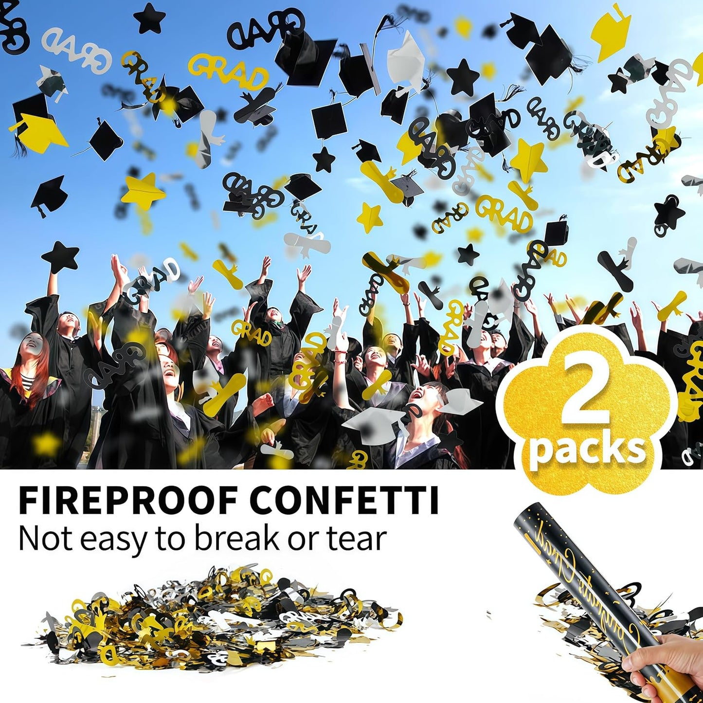 16 inch Graduation Confetti Poppers,Confettis Cannons Bulk with Diploma GRAD Star&Cap Design for Graduation Ceremony Party Favor Supplies,Class Toss Ceremony,Class of 2025 Confetti (2Pack)