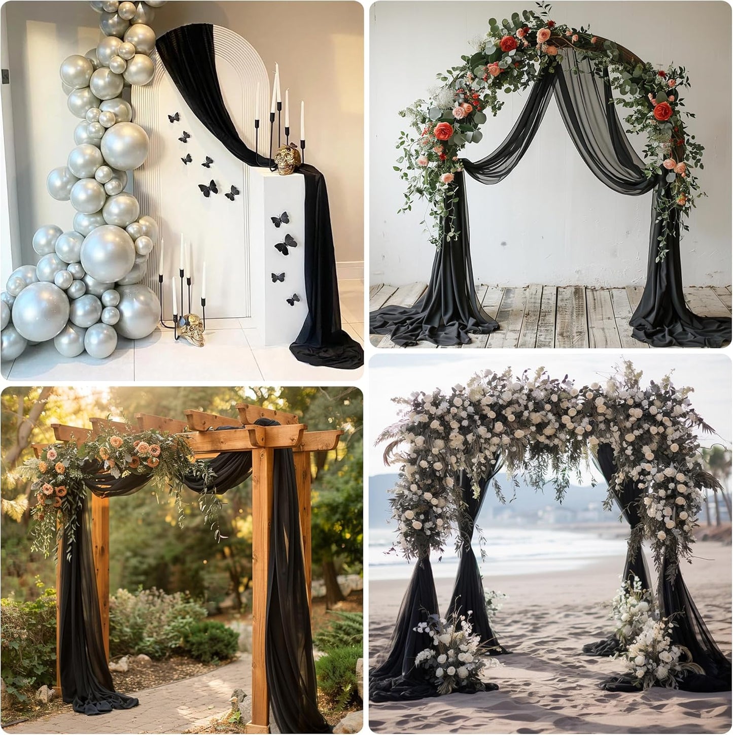 Wedding Arch Draping Fabric 4 Panels 28.7" x 20FT Black Sheer Chiffon Backdrop Drapes for Wedding Ceremony Birthday Party Bridal Shower Outdoor Decoration