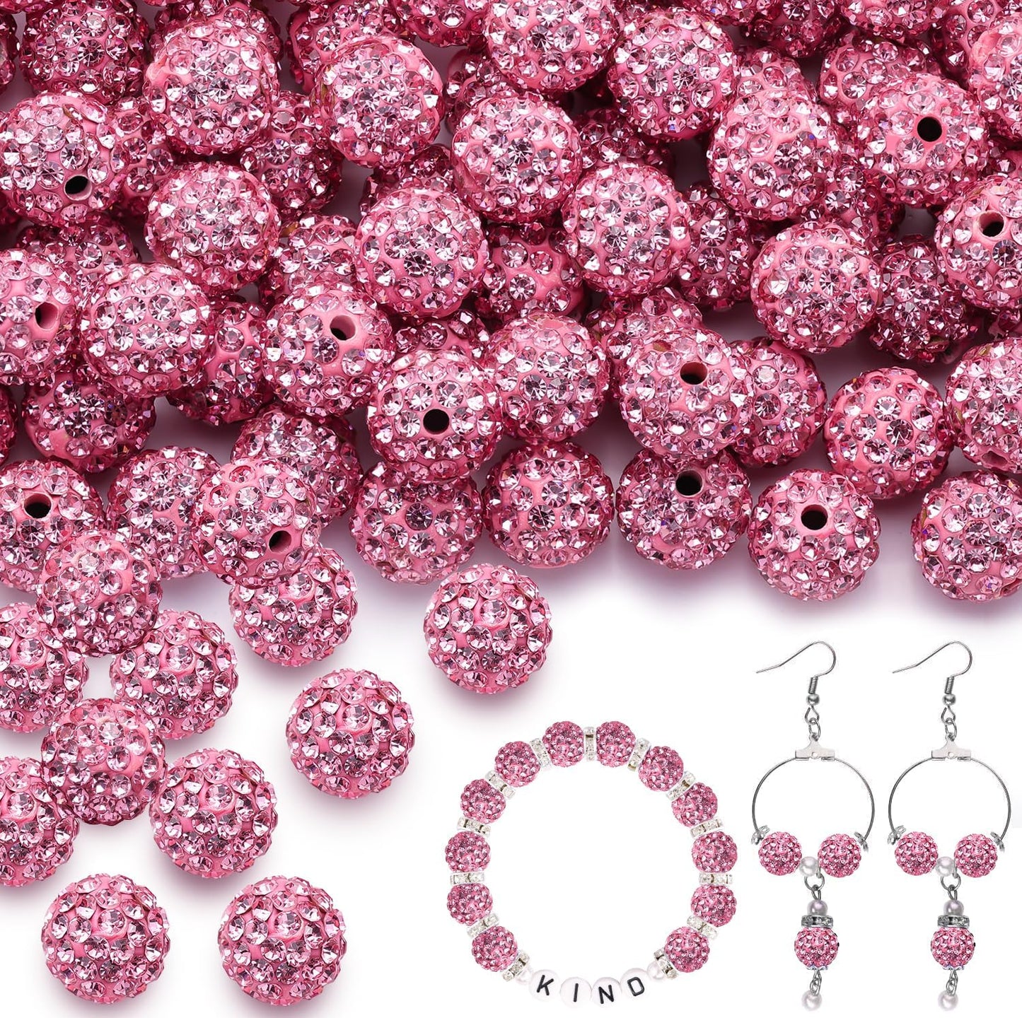150pcs 10mm Rhinestone Beads for Jewelry Making, Dark Pink Shiny Round Shamballa Disco Ball Beads Bulk, Sparkle Crystal Clay Christmas for Bracelet Baseball Necklace Earring Crafting and DIY