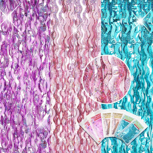 Jutom 6 Pieces 3.3 x 6.6 ft Wavy Tinsel Foil Fringe Curtains Foil Fringe Streamer Backdrop Party Curtain for Sea Mermaid Baby Shower Birthday Party Decoration(Purple, Pink, Blue Green)