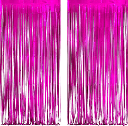 Hot Pink Party Streamers Backdrop - GREATRIL Shiny Fuchsia Tinsel Foil Fringe Curtain for Birthdays/Flamingo/Bachelorette/Galentine/Breast Cancer Awareness Decorations - 3.2ft X 8.2ft - 2 Packs