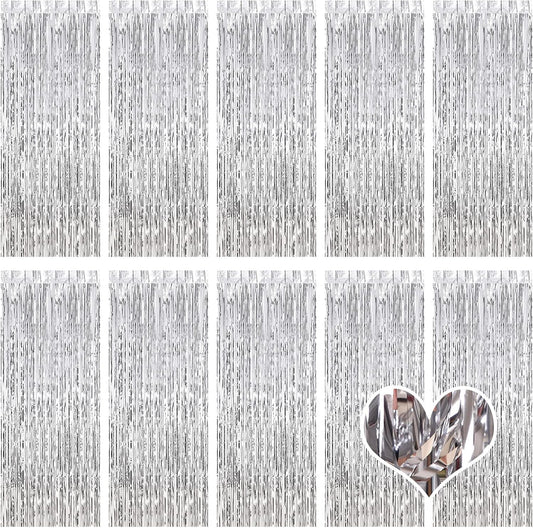 10 Pack Silver Backdrop Curtain 3.2ft x 8.2ft Metallic Tinsel Foil Fringe Curtains Photo Booth Background for Birthday Party Decoration Baby Shower Engagement Wedding Christmas Decoration (Silver)
