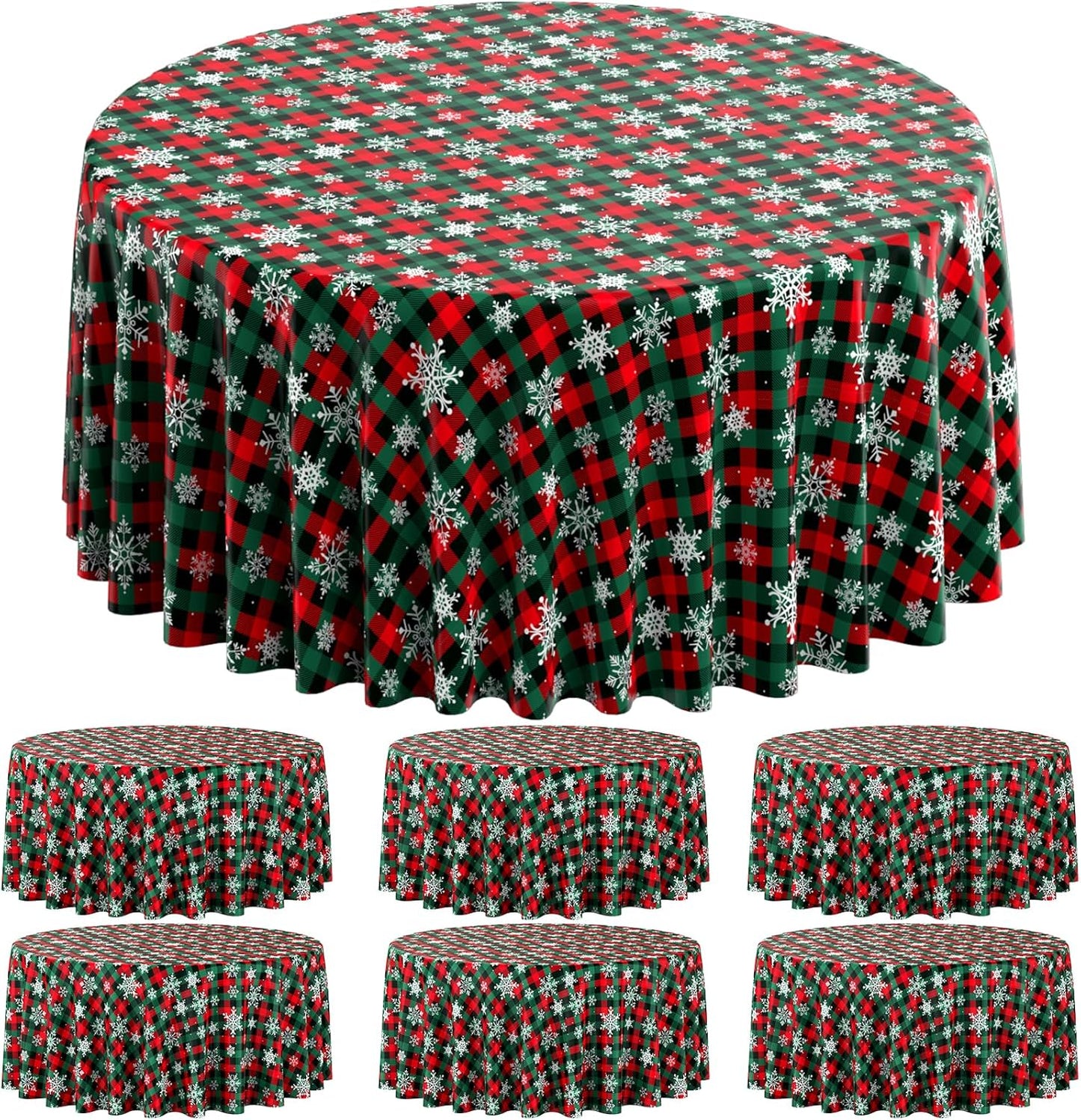Jectivs 6Pcs Christmas Buffalo Plaid Snowflake Party Tablecloths Decorations,Plastic Red and Green Checkered Round Table Cover for Winter Christmas New Year Birthday Holiday Party Decorations,84 inch