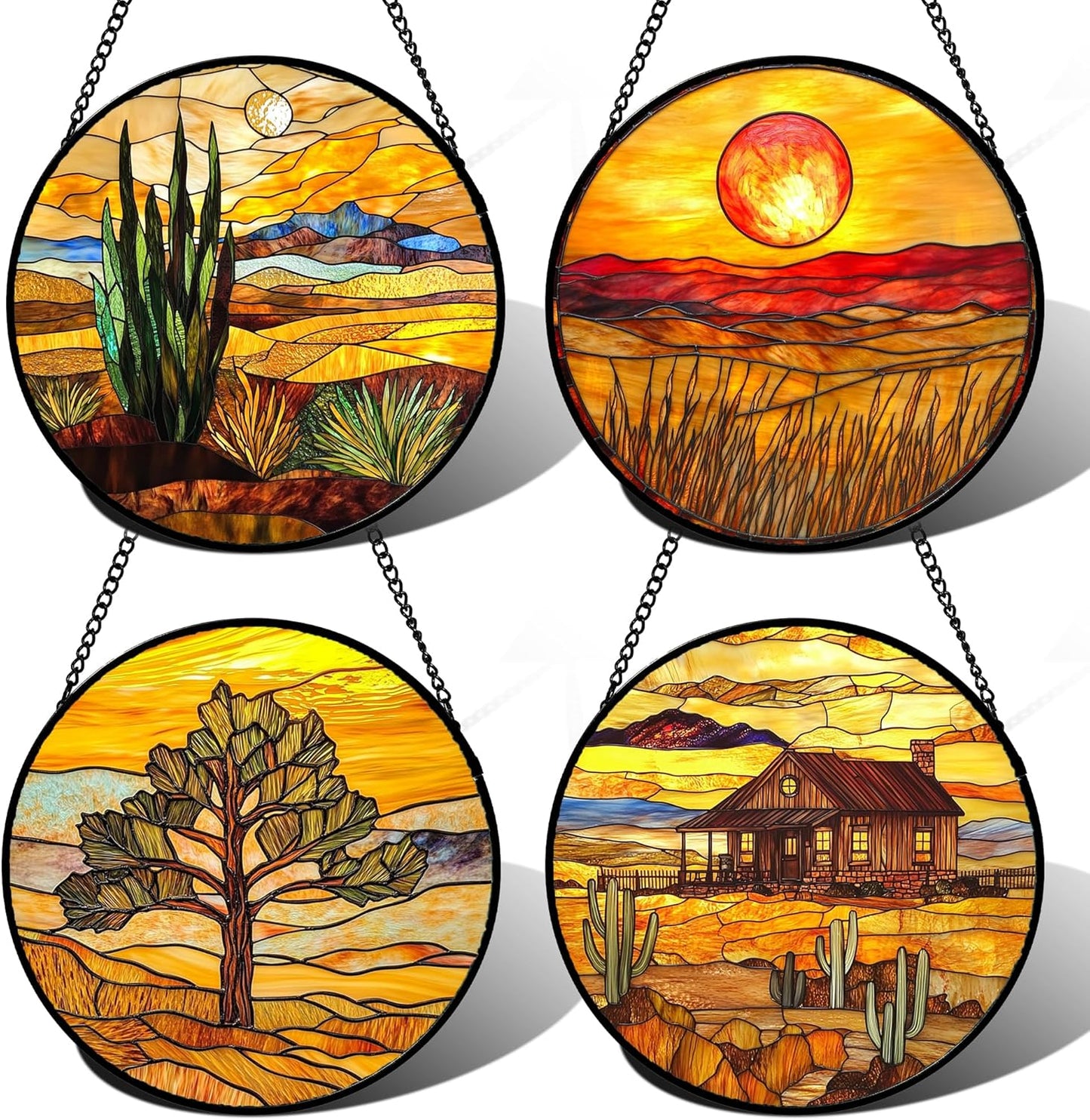 Stained Glass Window Hanging 4 Pcs Set Desert Sunset Theme Landscape 6.3" - Suncatcher Door Garden Sun Catcher Decor Birthday Christmas for Mom Woman Nana Men