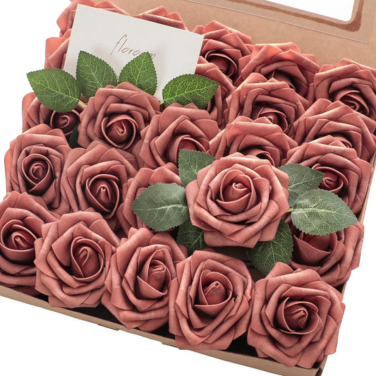 Floroom Artificial Flowers 25pcs Real Looking Dusty Cedar Foam Fake Roses with Stems for DIY Wedding Bouquets Bridal Shower Centerpieces Floral Arrangements Party Tables Home Decorations