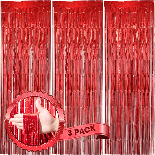 3 Pack 3.3 x 8.2 ft Laser Red Foil Fringe Backdrop Curtains, Tinsel Streamers Birthday Party Decorations, Fringe Backdrop for Graduation, Baby Shower, Gender Reveal, Disco Party