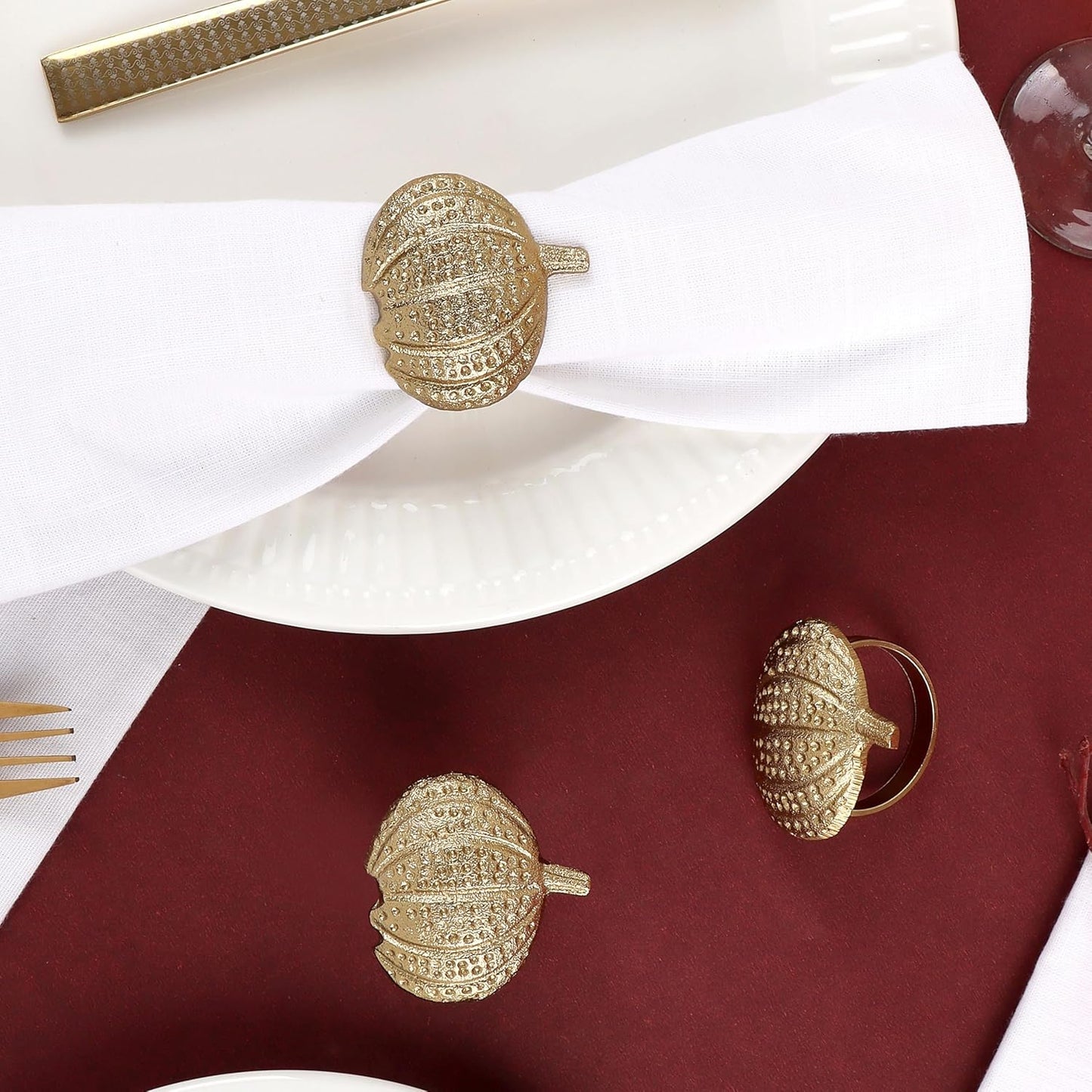 Gold Lightweight Metal Napkin Rings Set of 12 - Pumpkin Elegant Napkin Holders Modern Serviette Buckles Metallic Adornment for Table Settingsfor Thanksgiving, Fall, Halloween & Holiday - CLEENTABLE