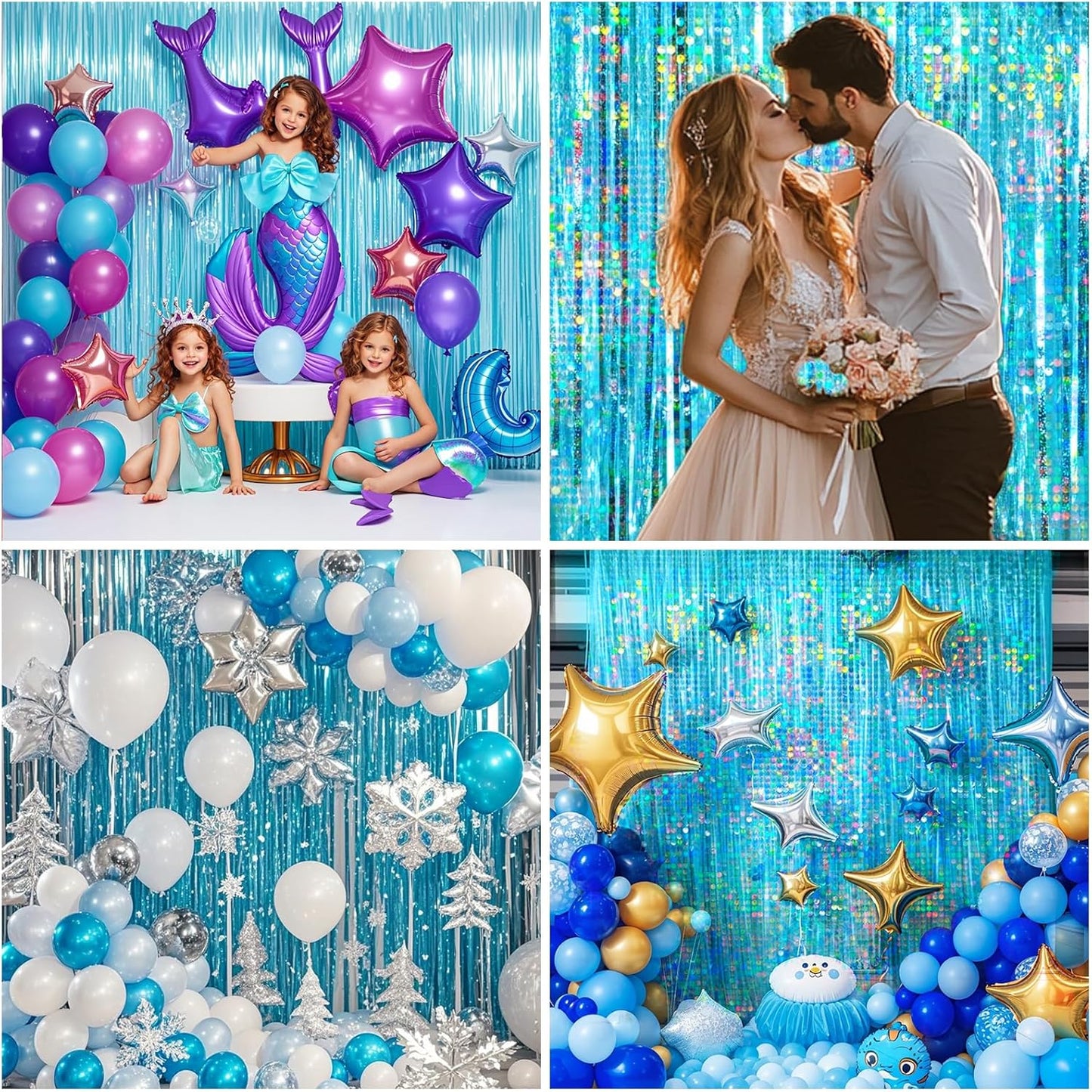 4 Packs Blue Foil Fringe Curtain, Light Blue Glitter Metallic Tinsel Backdrop for Birthday, Wedding, Baby Shower, Bachelorette, Ocean, Princess Party Decorations Supplies