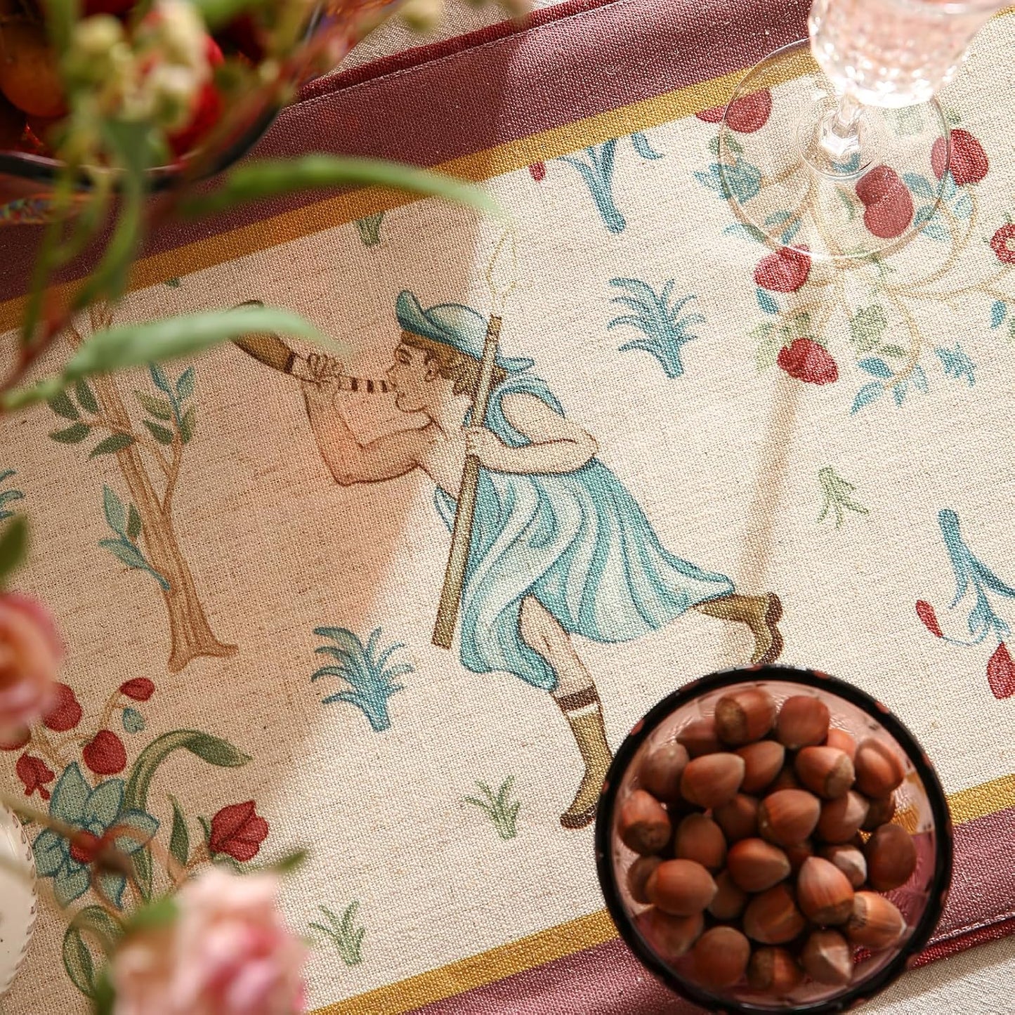 patdrea Designer Idyll Linen Table Runner, Vintage Beige Farmhouse with Ancient Spring Figure and Fruit Trees Pattern Table Mat, Decoration for Kitchen Dining Banquet Christmas ,12"*71"