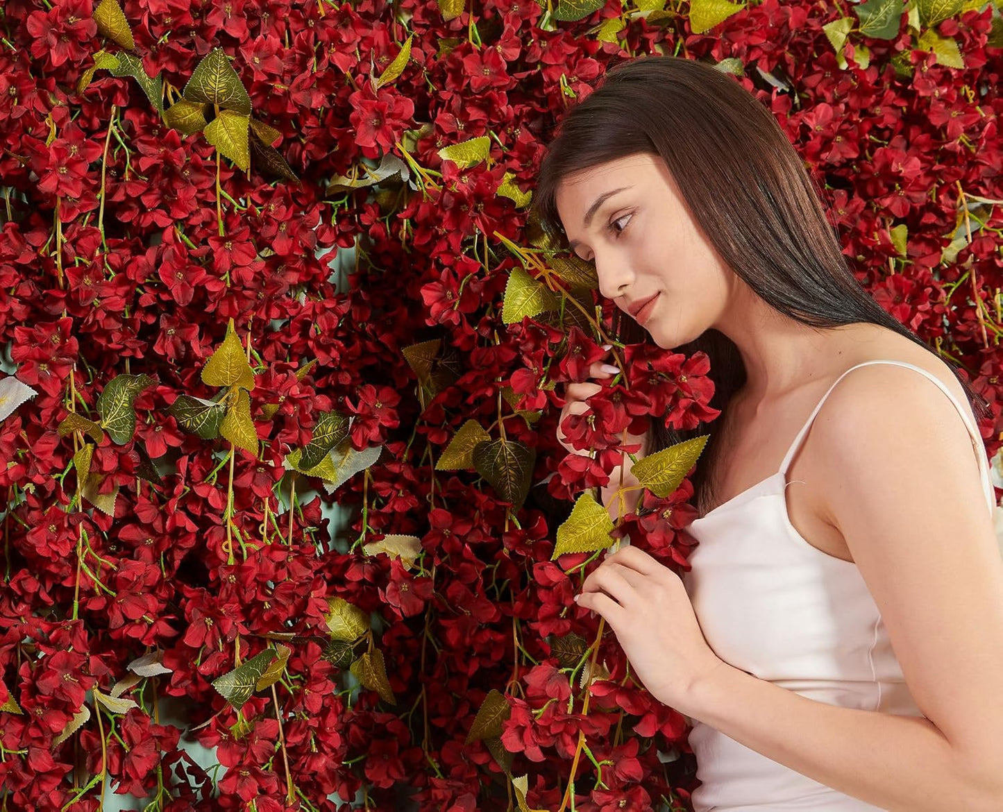 Flower Garland, Artificial Hydrangea Vine Flowers, Hanging Fake Hydrangeas Vine for Room Anniversary Wedding Birthday Christmas Wall Arch Decor, 2 Pcs, Floral Garland, Red Flower