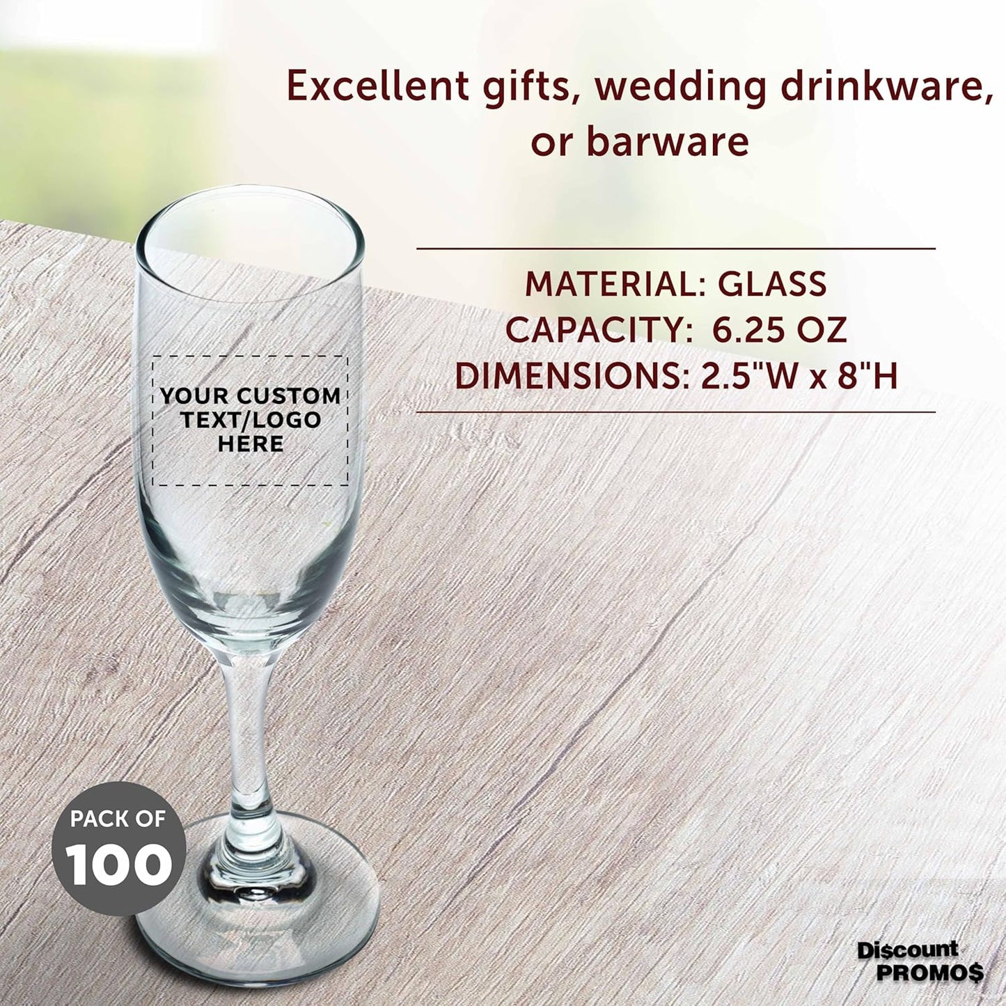 DISCOUNT PROMOS Custom Premiere Champagne Flutes 6.25 oz. Set of 100, Personalized Bulk Pack - Elegant Drinkware for Weddings, Events, & Promotional Gifts - Clear